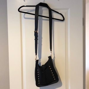 Black leather handbag, rose gold hardware